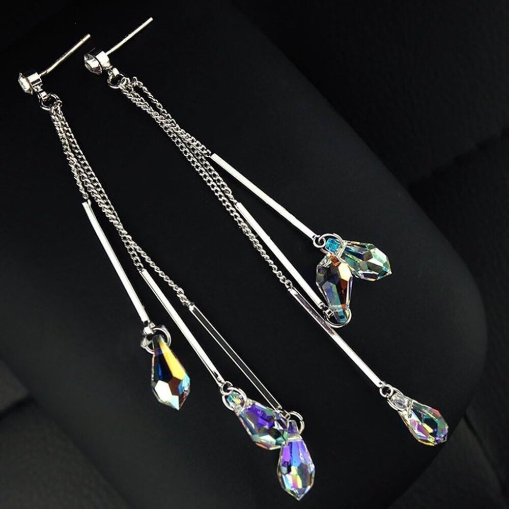 Women Crystal Earrings Aurora Borealis Long Platinum Plated Elegant Gift - Picture 2 of 6